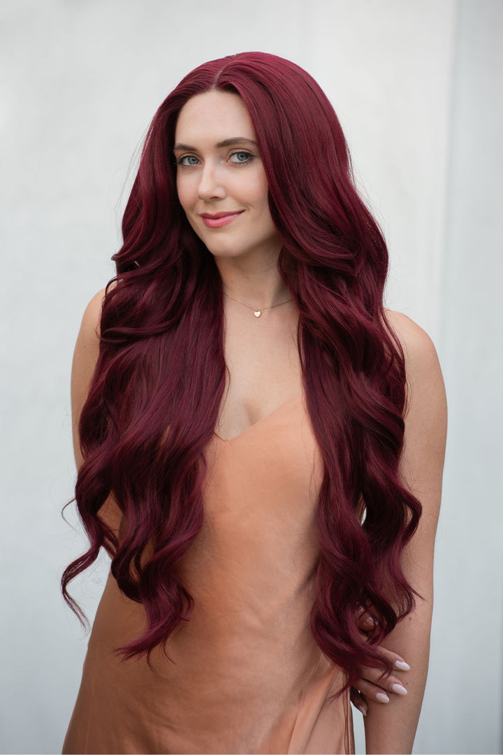 Burgundy Red Wavy Lace Front Synthetic Wig Aries Ariel Look