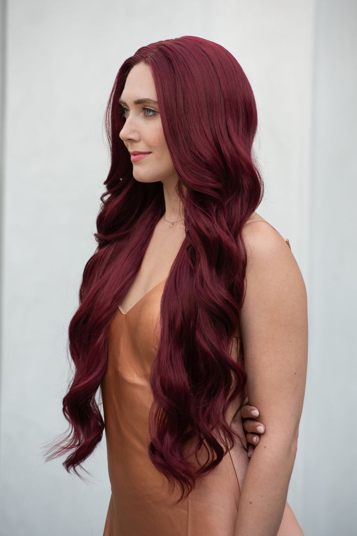 Burgundy Red Wavy Lace Front Synthetic Wig Aries Ariel Look