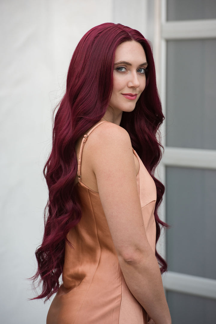 Burgundy Red Wavy Lace Front Synthetic Wig Aries Ariel Look