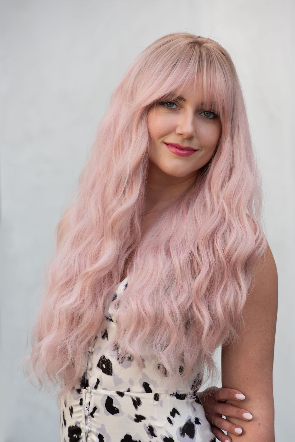 Pastel Pink Long Wavy Wig with Bangs Kaitlyn