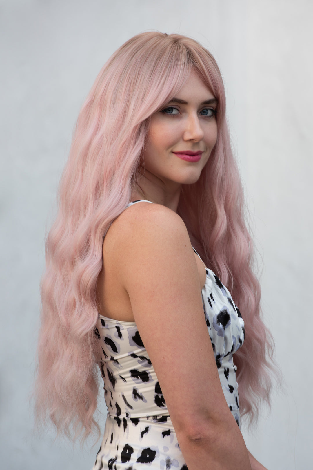 Pastel Pink Long Wavy Wig with Bangs Kaitlyn