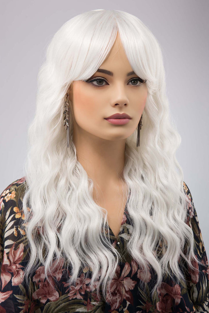 Pearl White Wavy Synthetic Wig with Bangs Marlon Gojo Look