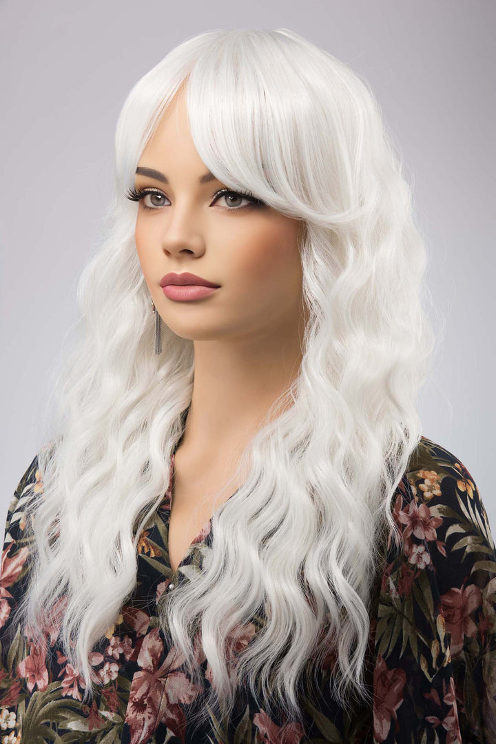 Pearl White Wavy Synthetic Wig with Bangs Marlon Gojo Look