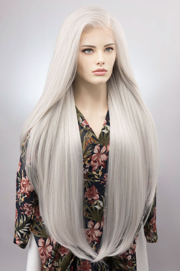 Pearl White Icy Silver Gray Straight Lace Top Synthetic Wig Manon Odella