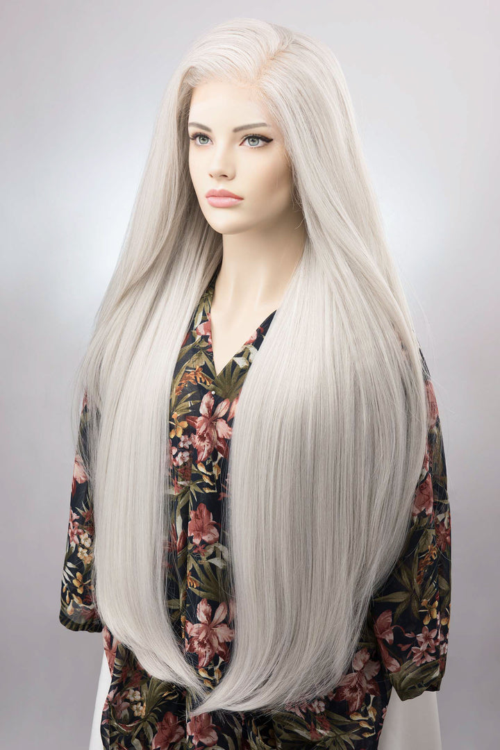 Pearl White Icy Silver Gray Straight Lace Top Synthetic Wig Manon Odella