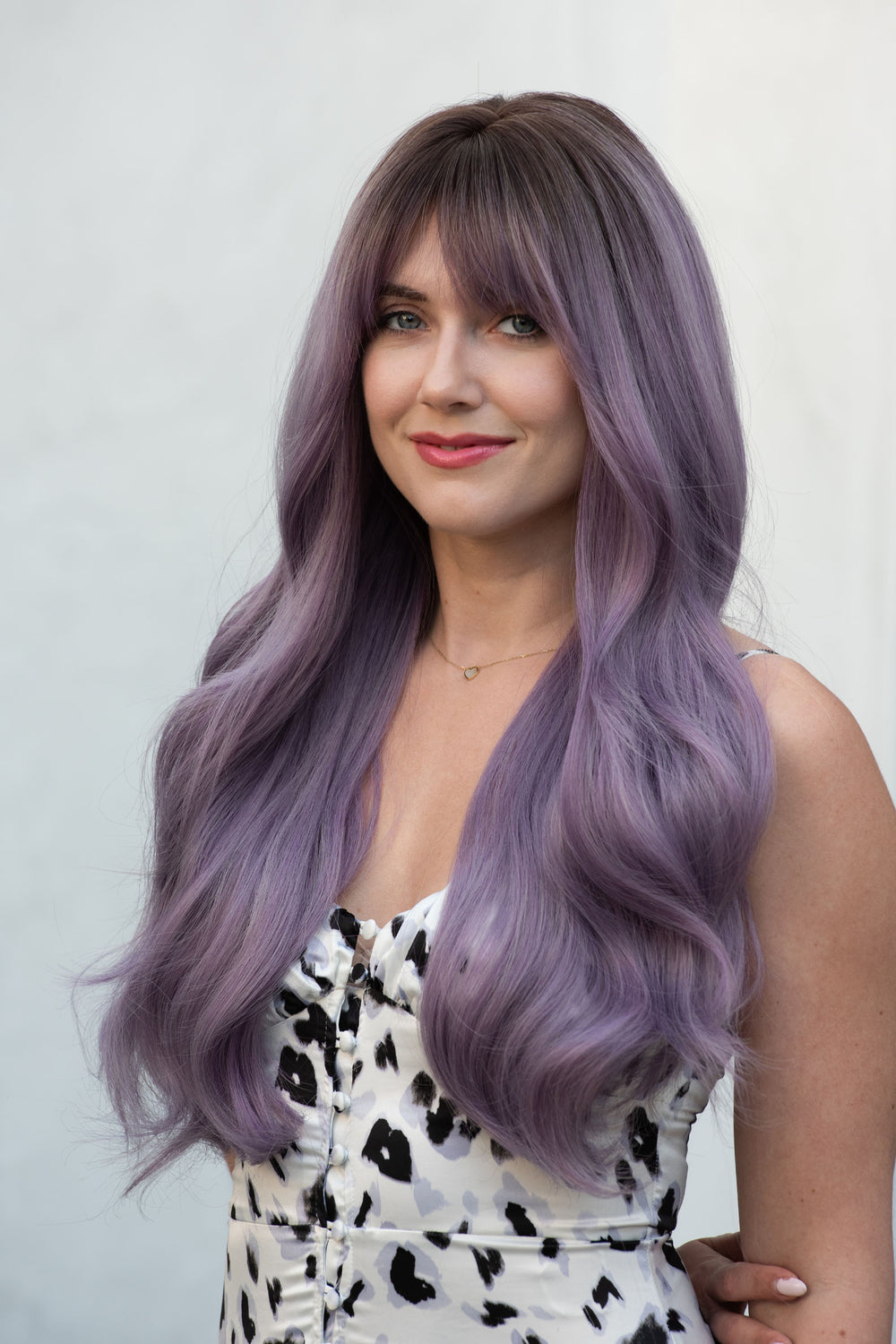 Brown Purple Ombre Wavy Synthetic Hair Wig with Bangs Vanessa