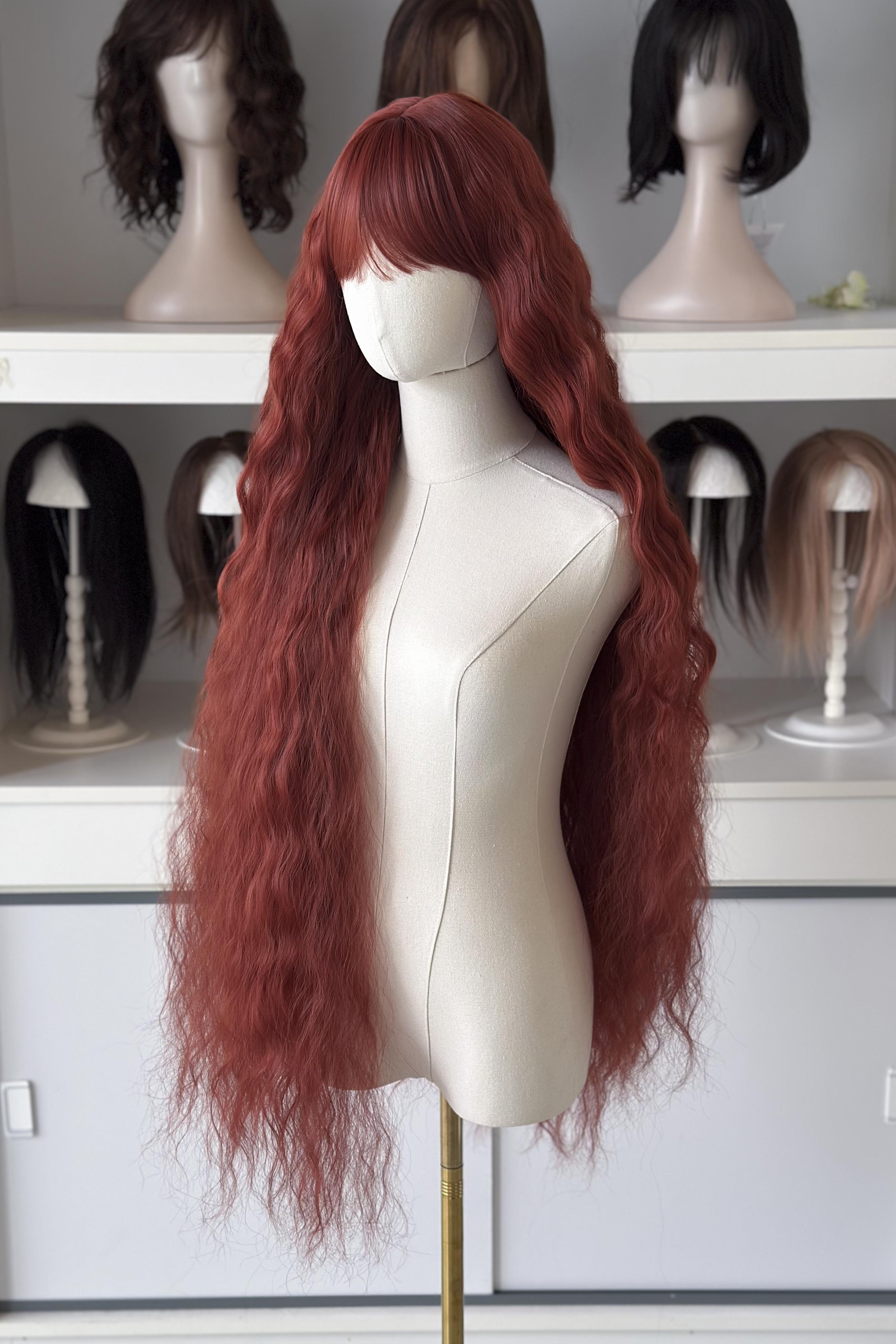 Cherry Red with Copper Undertones Extra Long Wavy Wig with Bangs