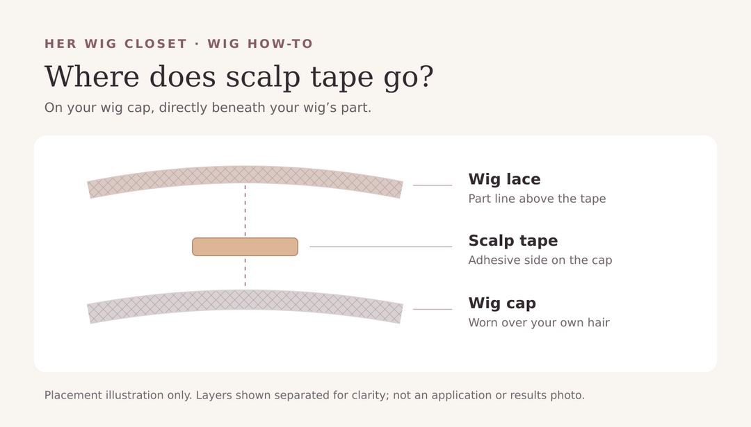 Placement illustration: wig lace above scalp tape applied to a wig cap, with layers separated for clarity