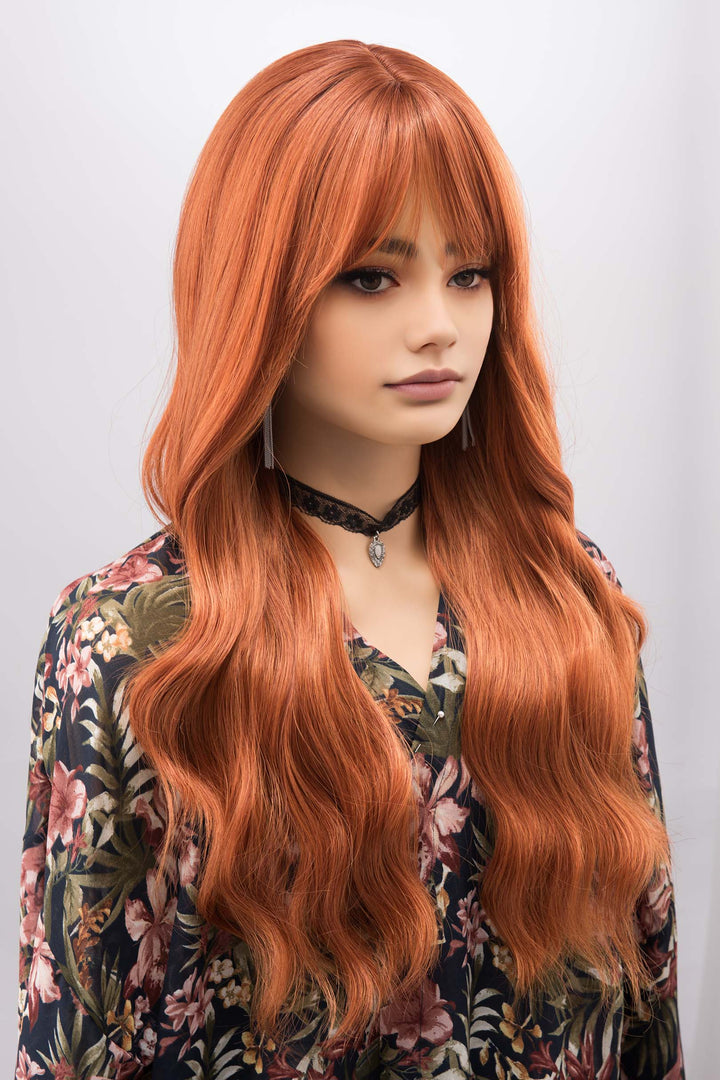 Orange Ginger Wavy Synthetic Wig with Bangs Aine