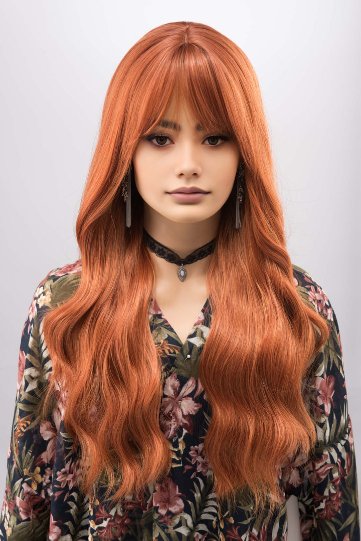 Orange Ginger Wavy Synthetic Wig with Bangs Aine