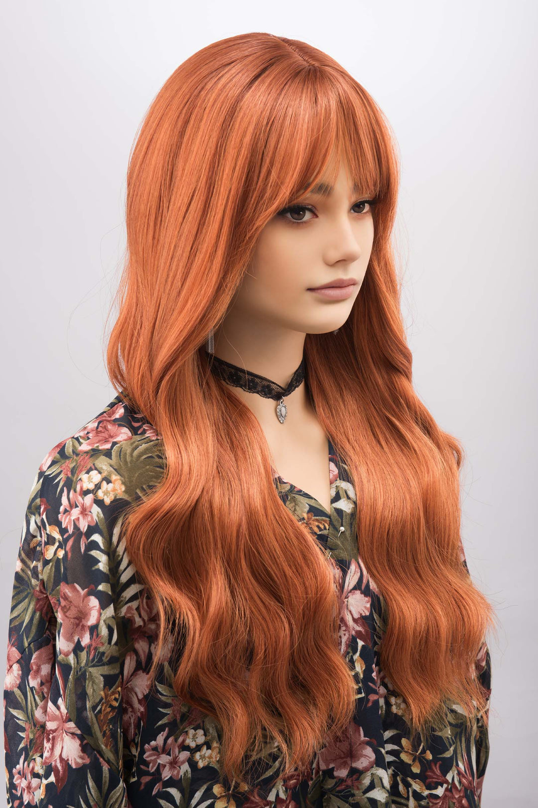 Orange Ginger Wavy Synthetic Wig with Bangs Aine