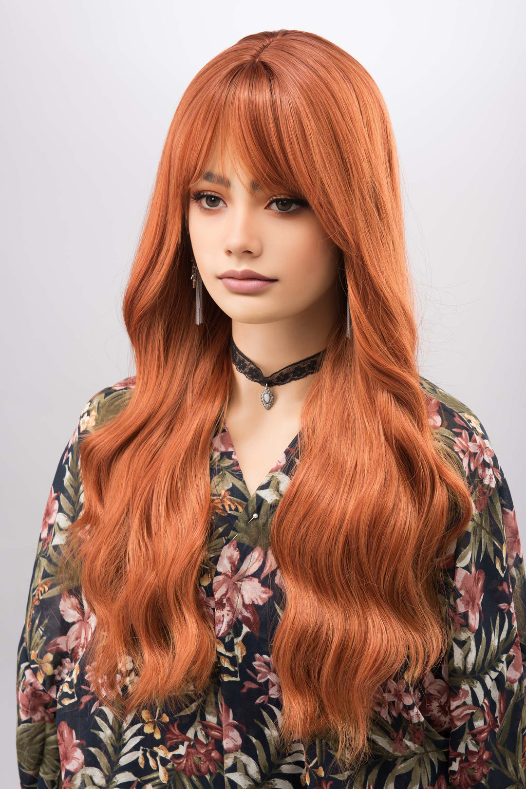 Orange Ginger Wavy Synthetic Wig with Bangs Aine