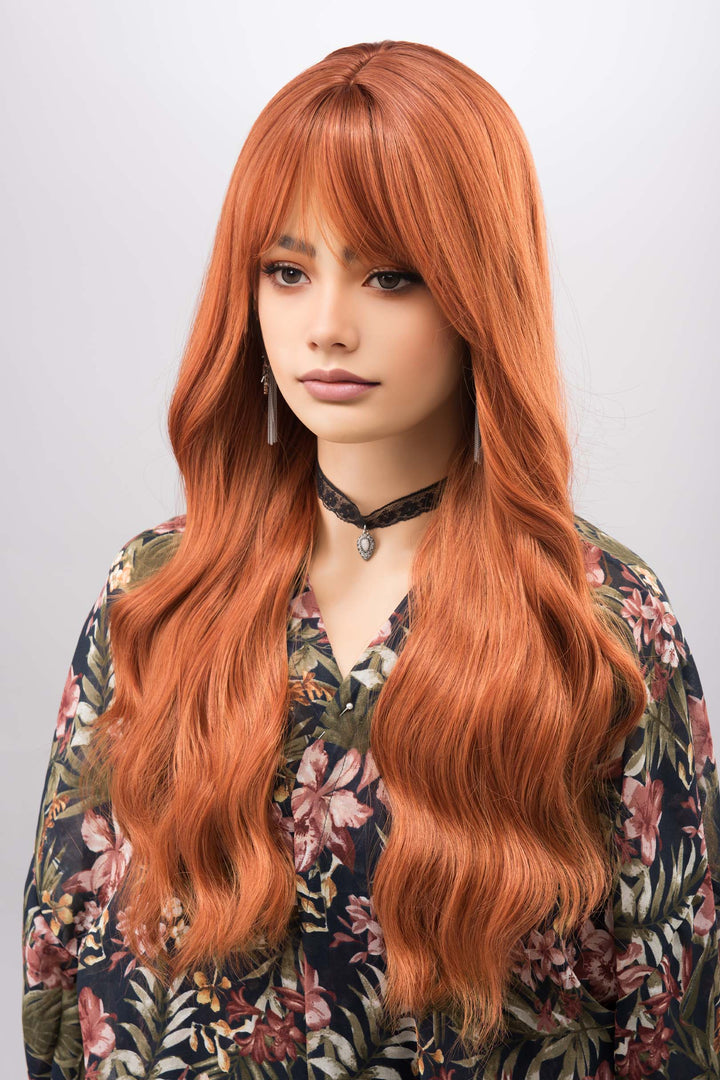 Orange Ginger Wavy Synthetic Wig with Bangs Aine