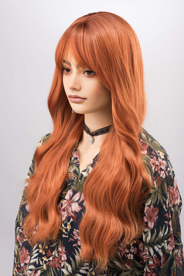 Orange Ginger Wavy Synthetic Wig with Bangs Aine