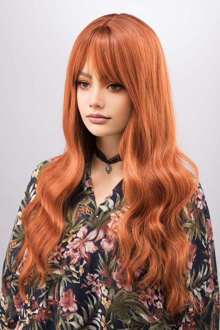Orange Ginger Copper Long Wavy Wig with Bangs Aine