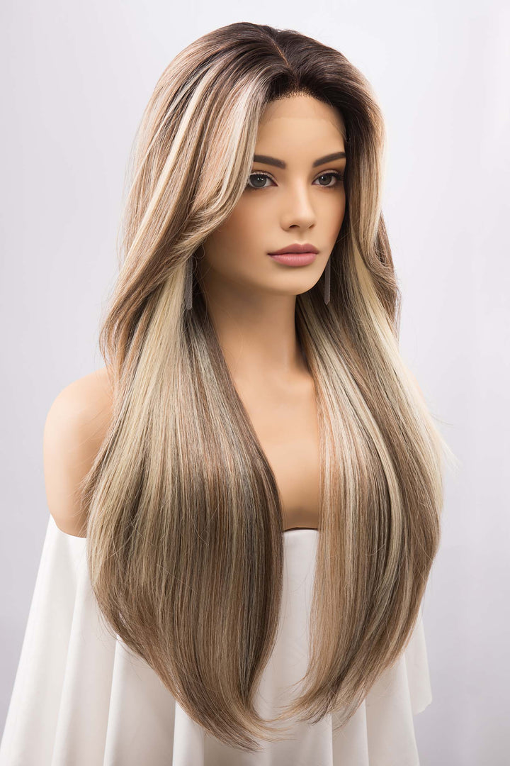 Balayage Dirty Blonde Straight Lace Front Wig with two Side Bangs Alina