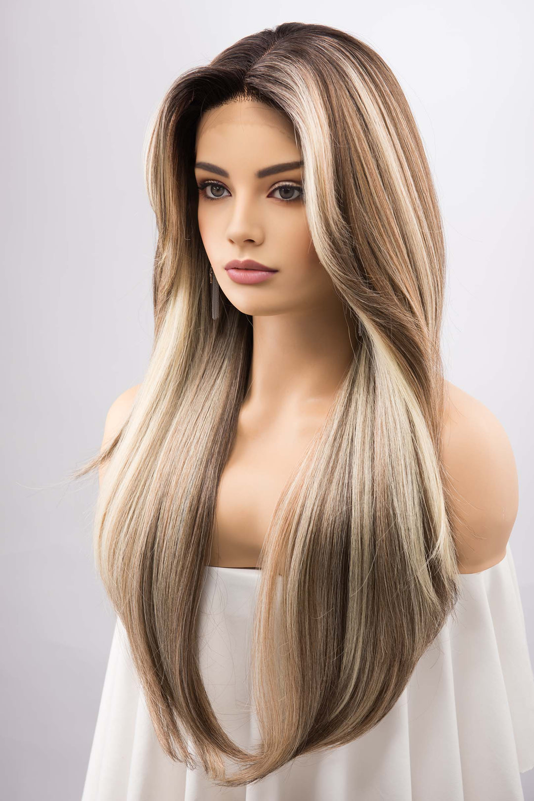 Balayage Dirty Blonde Straight Lace Front Wig with two Side Bangs Alina