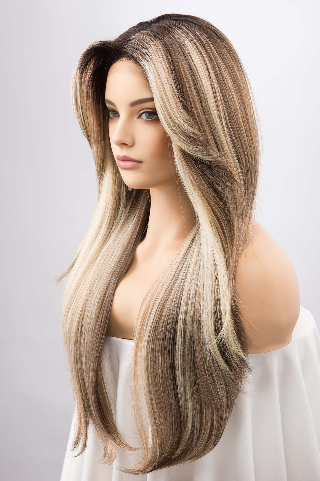 Balayage Dirty Blonde Straight Lace Front Wig with two Side Bangs Alina