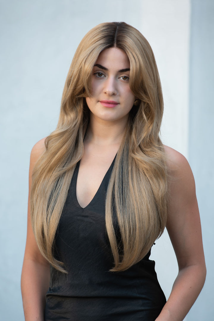 Golden Blonde Ombre Straight Lace Front Wig with Curtain Bangs Ayla