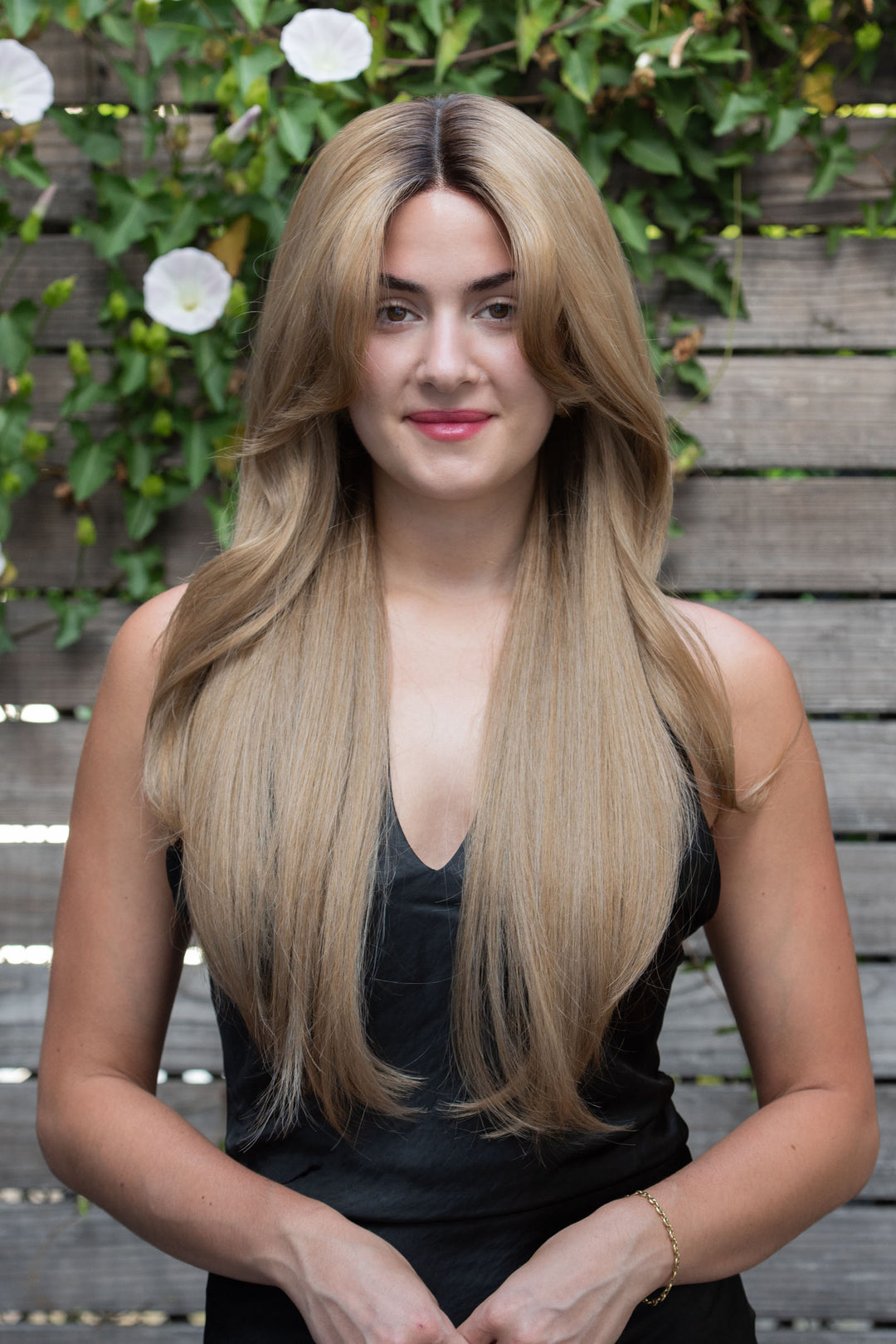 Golden Blonde Ombre Straight Lace Front Wig with Curtain Bangs Ayla