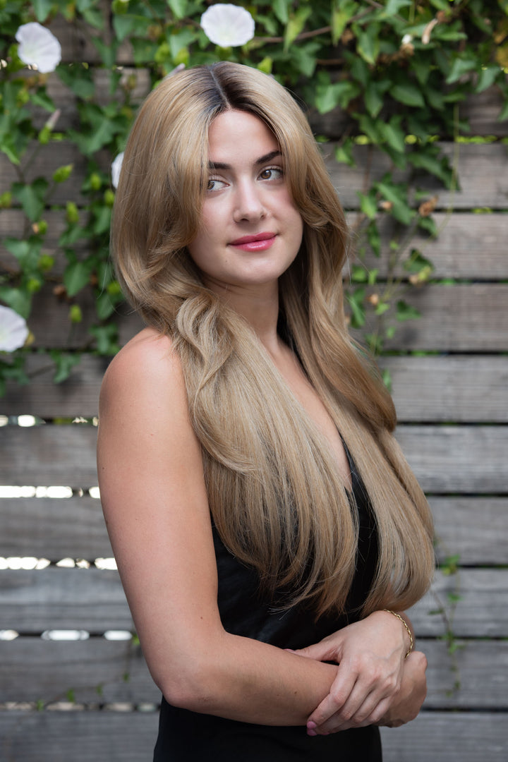 Golden Blonde Ombre Straight Lace Front Wig with Curtain Bangs Ayla