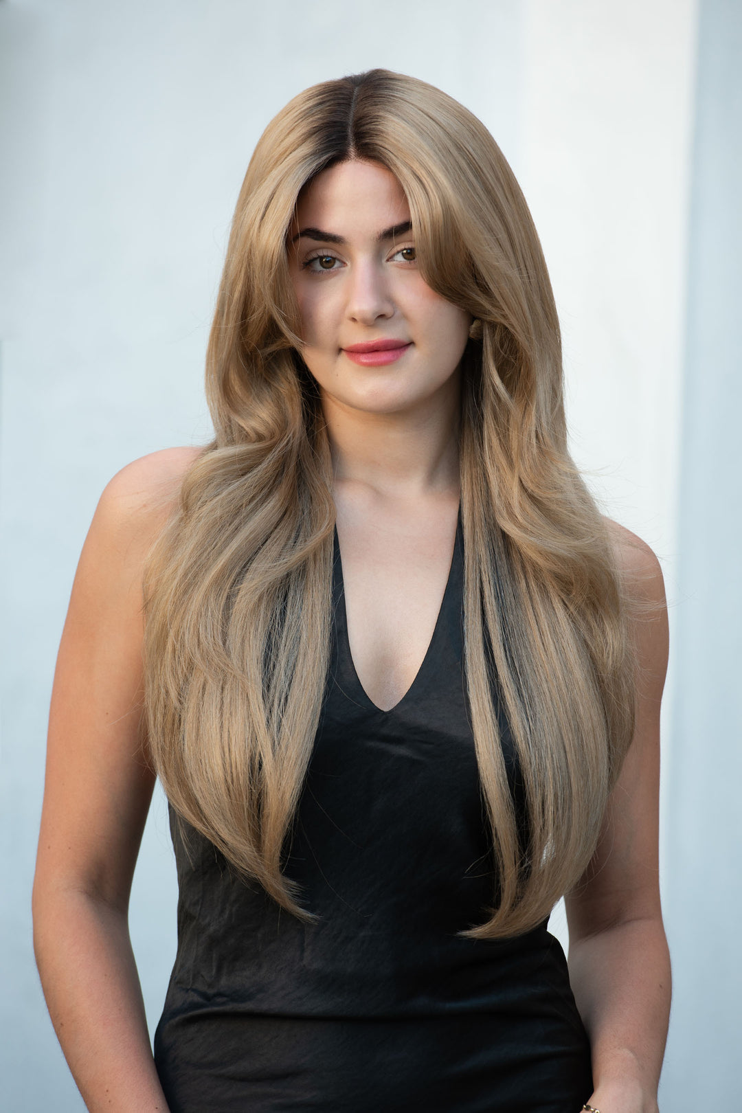 Golden Blonde Ombre Straight Lace Front Wig with Curtain Bangs Ayla