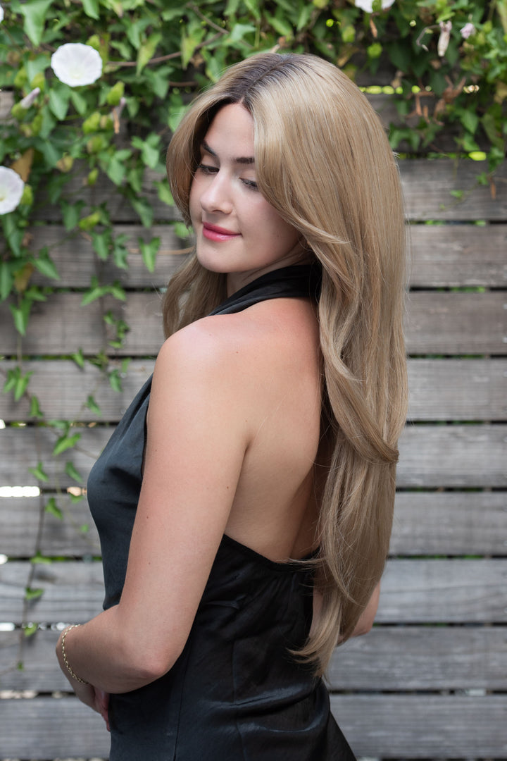 Golden Blonde Ombre Straight Lace Front Wig with Curtain Bangs Ayla