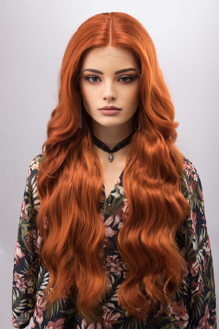 Orange Ginger Long Wavy Lace Front Wig Middle T Part Lace Erin