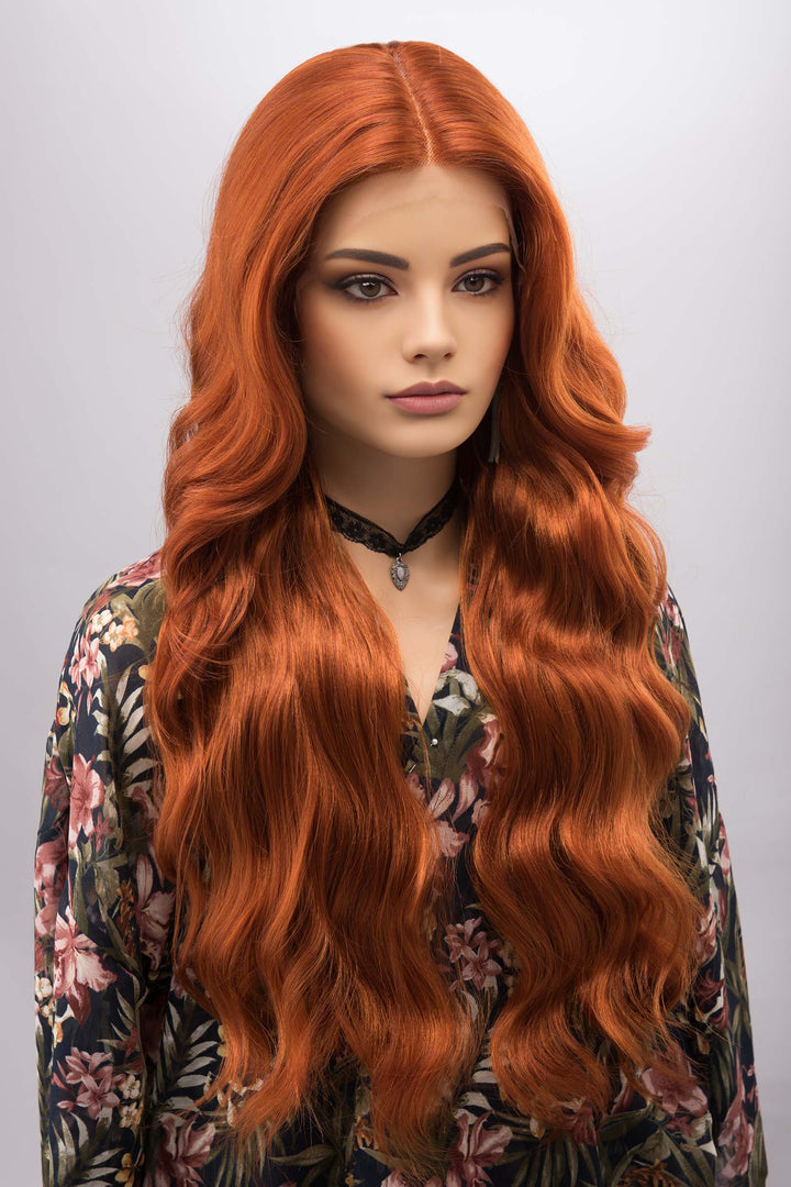 Orange Ginger Long Wavy Lace Front Wig Middle T Part Lace Erin