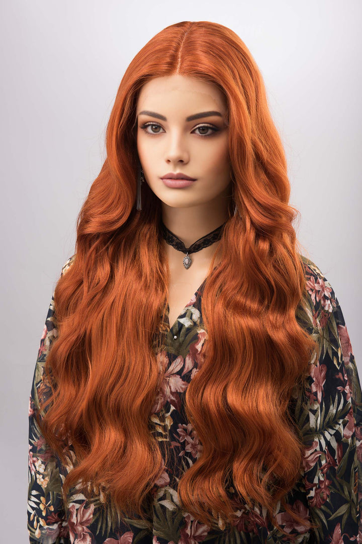 Orange Ginger Long Wavy Lace Front Wig Middle T Part Lace Erin