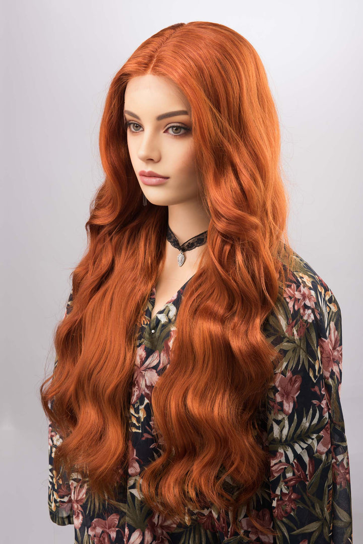 Orange Ginger Long Wavy Lace Front Wig Middle T Part Lace Erin