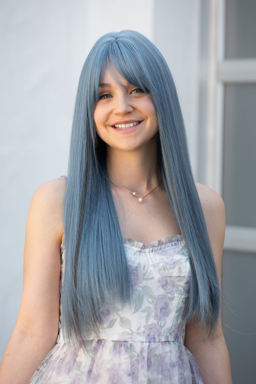 Ash Blue Straight Synthetic Wig with Bangs Erio – Her Wig Closet