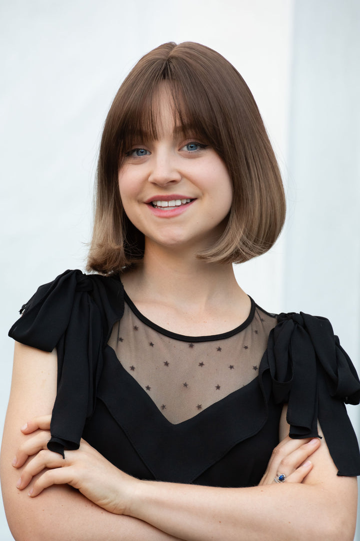 Greta | 12" Dark Brown Honey Blonde Ombre Wavy Wig with Bangs