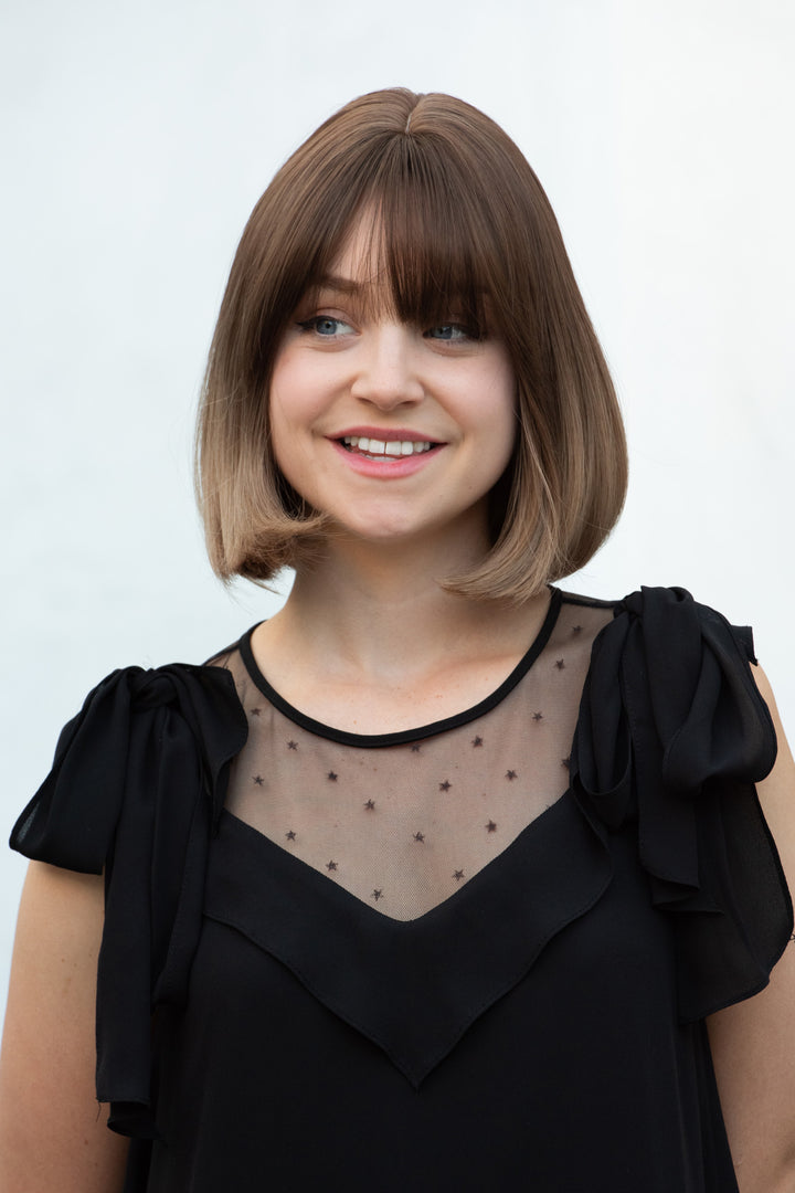 Greta | 12" Dark Brown Honey Blonde Ombre Wavy Wig with Bangs