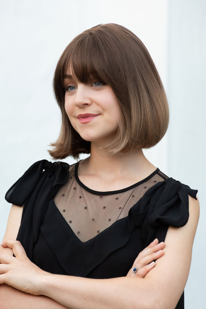 Greta | 12" Dark Brown Honey Blonde Ombre Wavy Wig with Bangs