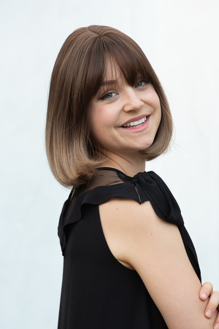 Greta | 12" Dark Brown Honey Blonde Ombre Wavy Wig with Bangs