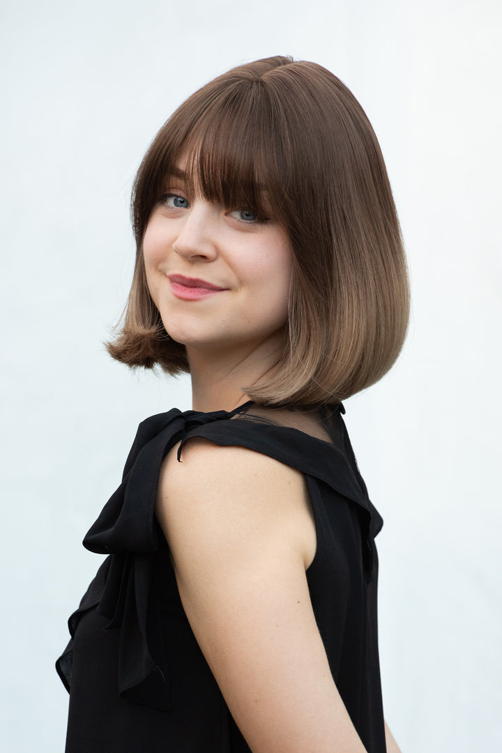 Greta | 12" Dark Brown Honey Blonde Ombre Wavy Wig with Bangs