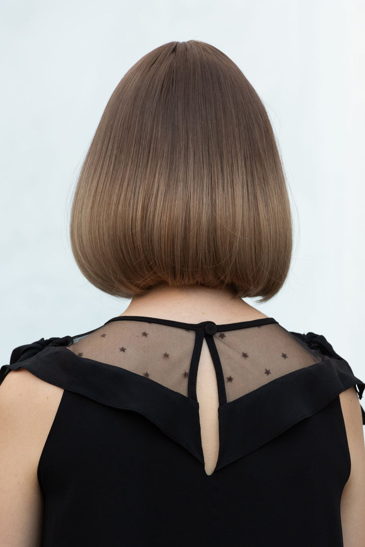 Greta | 12" Dark Brown Honey Blonde Ombre Wavy Wig with Bangs