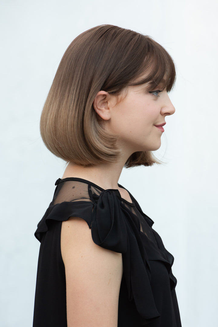Greta | 12" Dark Brown Honey Blonde Ombre Wavy Wig with Bangs
