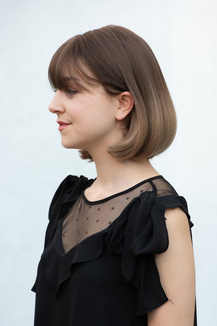 Greta | 12" Dark Brown Honey Blonde Ombre Wavy Wig with Bangs