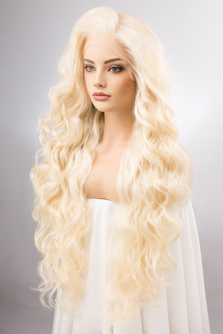 Platinum Blonde Wig Long Blonde Lace Front Wig 13" x 4" Large Wavy Blonde Curly Wig Blonde Barbie Cosplay Wig Drag Queen Wig IBBIE