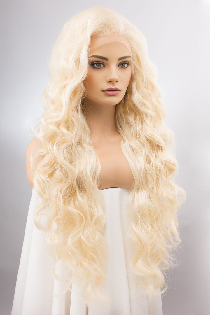Platinum Blonde Wig Long Blonde Lace Front Wig 13" x 4" Large Wavy Blonde Curly Wig Blonde Barbie Cosplay Wig Drag Queen Wig IBBIE