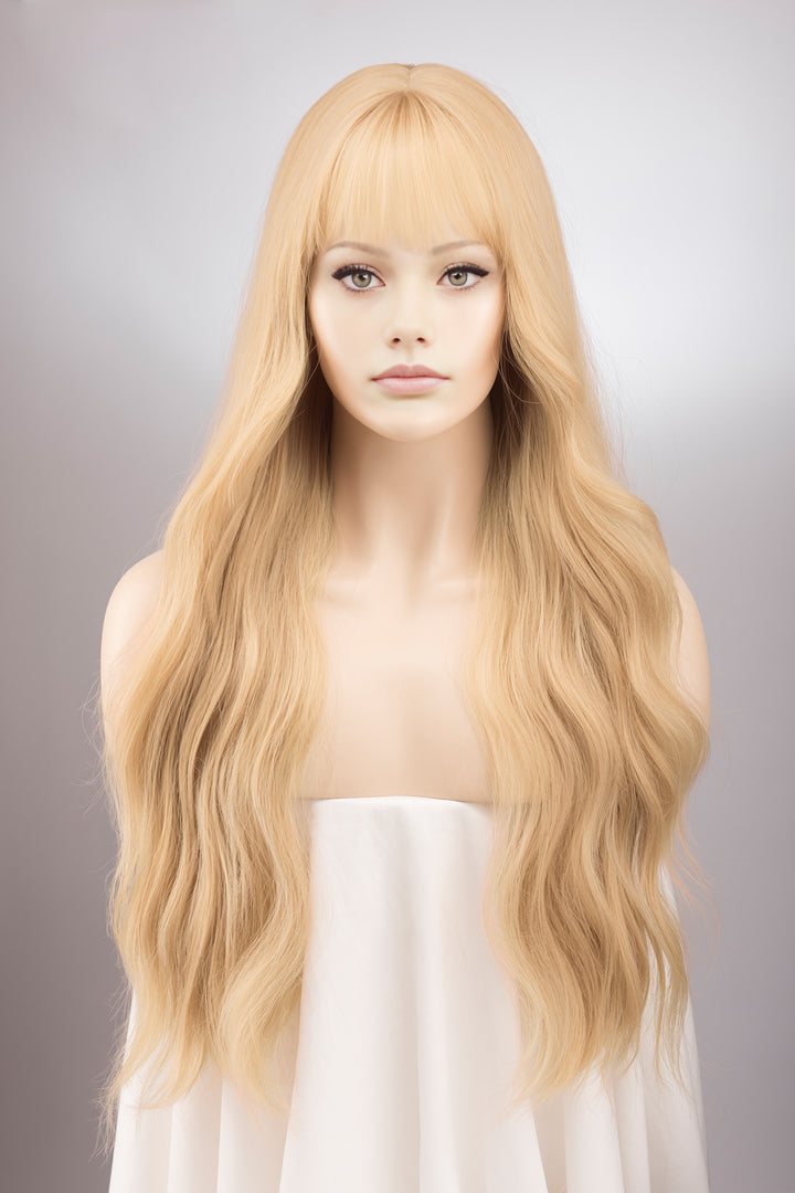 Ash Honey Blonde Wavy Wig with Bangs Ina
