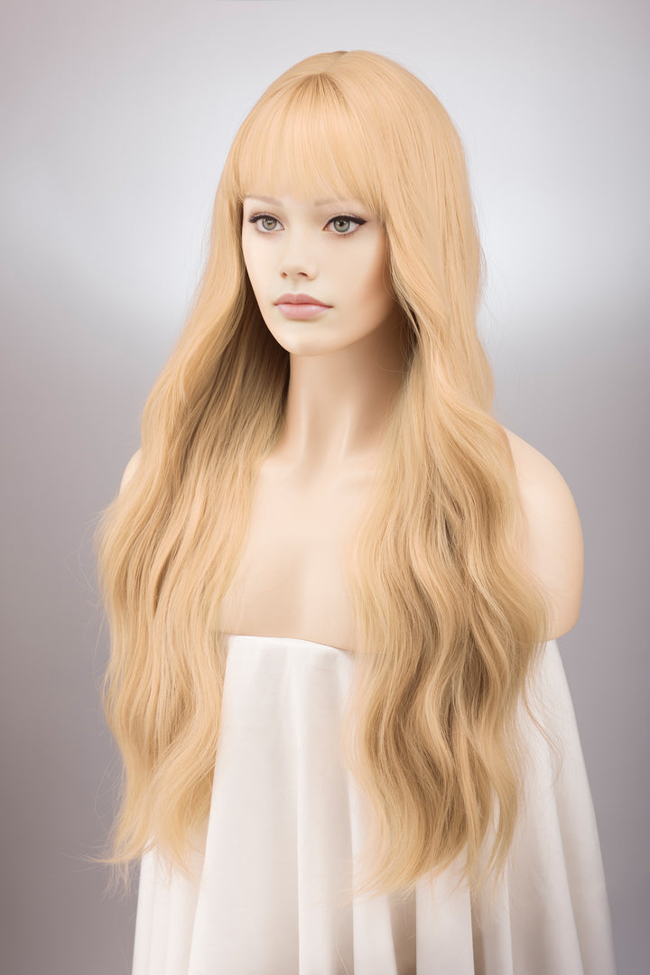 Ash Honey Blonde Wavy Wig with Bangs Ina