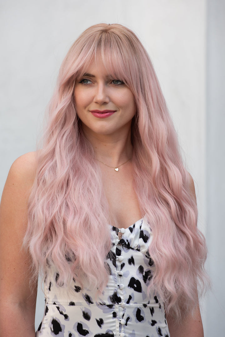 Pastel Pink Long Wavy Wig with Bangs Kaitlyn