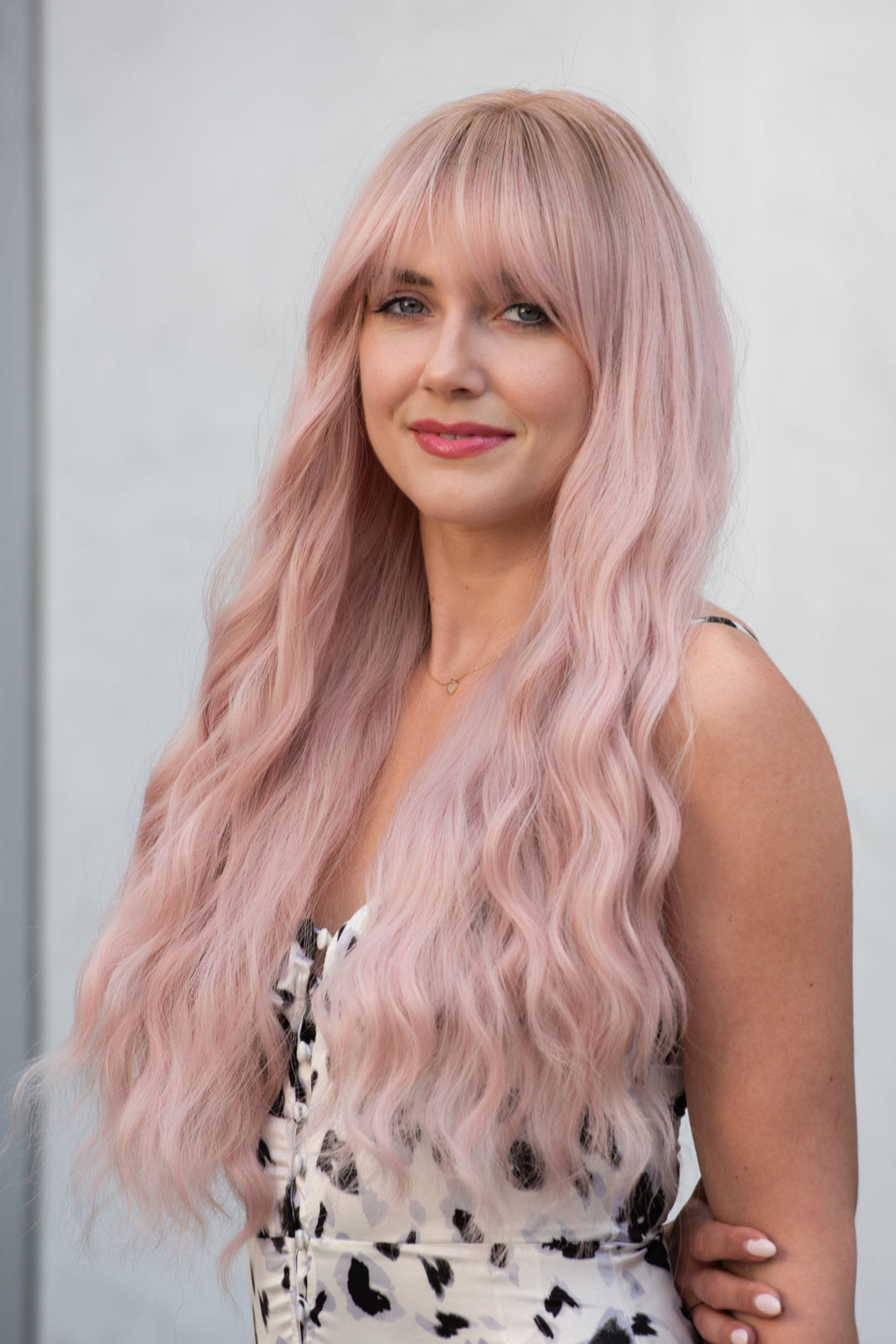 Pastel Pink Long Wavy Wig with Bangs Kaitlyn