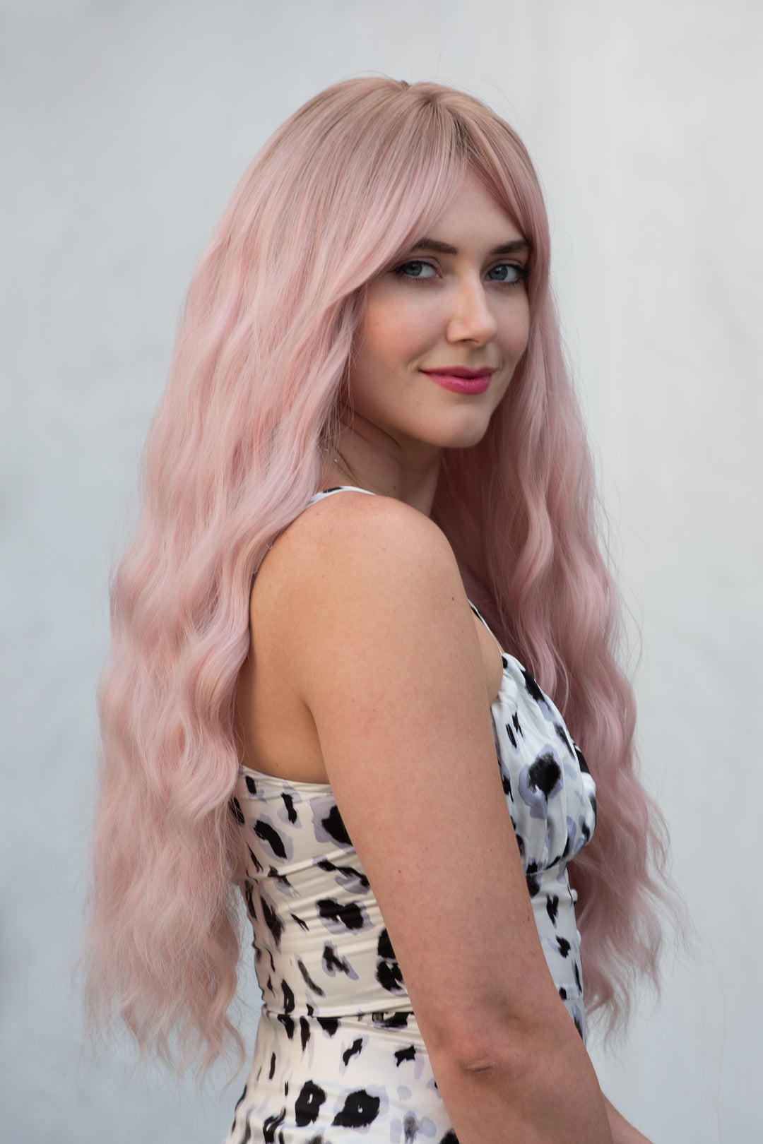 Pastel Pink Long Wavy Wig with Bangs Kaitlyn
