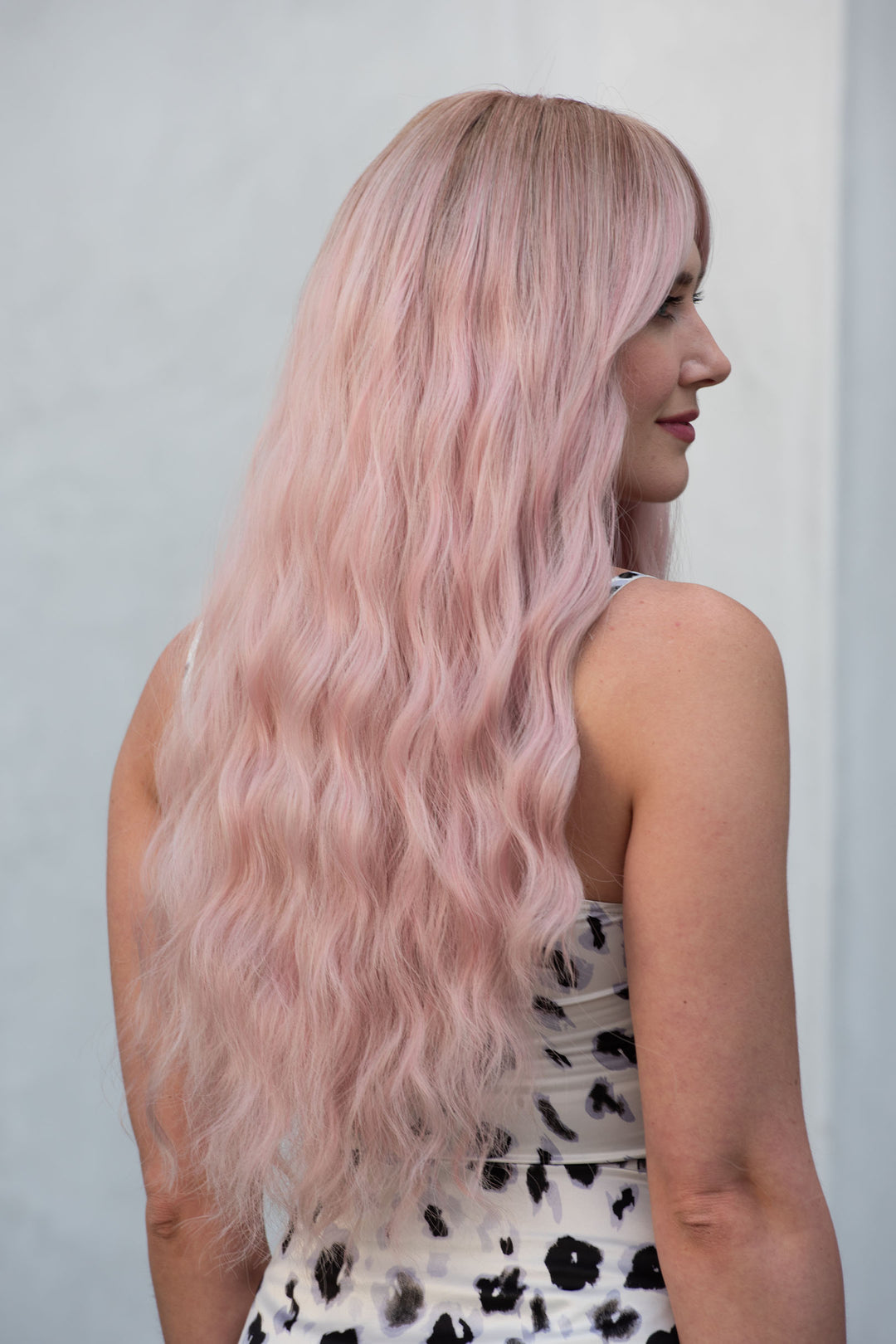 Pastel Pink Long Wavy Wig with Bangs Kaitlyn