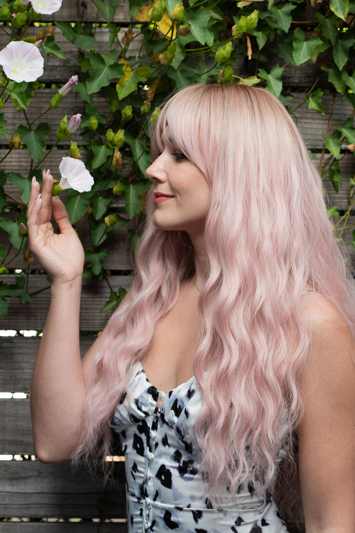 Pastel Pink Long Wavy Wig with Bangs Kaitlyn