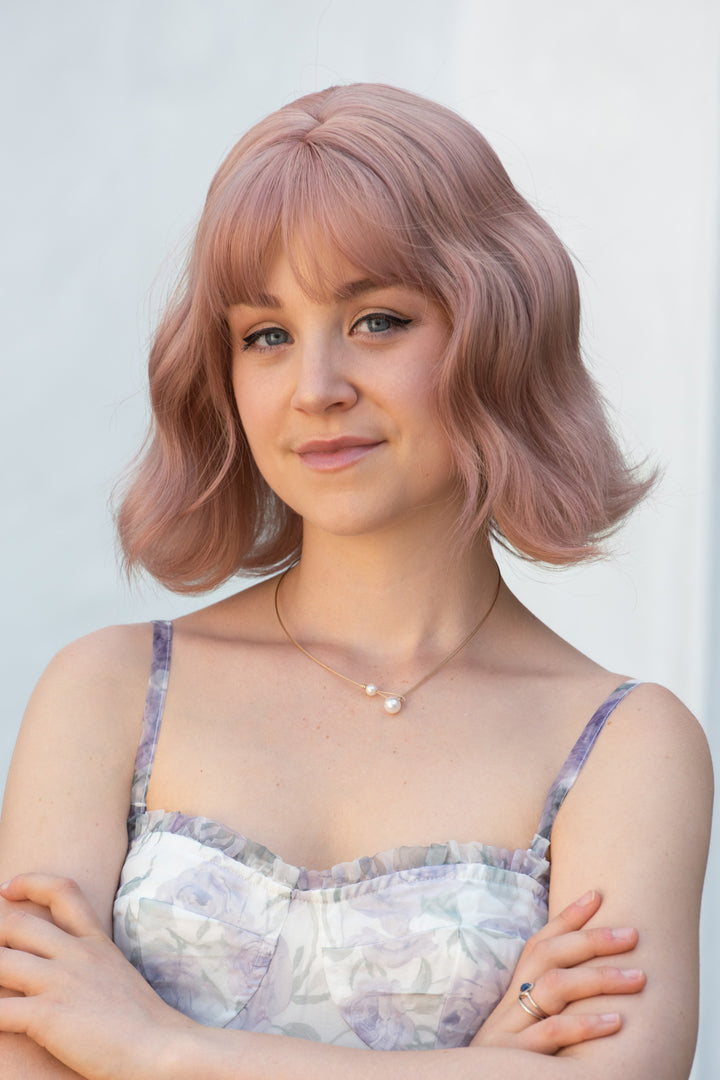Ash Pink Wavy Synthetic Wig with Bangs Karter